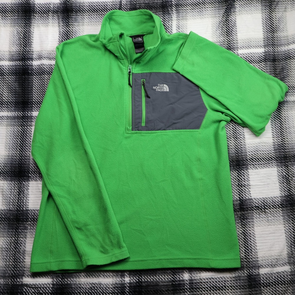The North Face Mens Green Quarter Zip Fleece Pullover Large Grey Chest Pocket